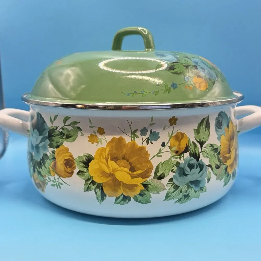 Pioneer Woman Floral Enamel Casserole Pot w Lid Green Blue Yellow Roses 2813JOC